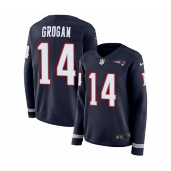 Women's Nike New England Patriots #14 Steve Grogan Limited Navy Blue Therma Long Sleeve NFL Jersey - Ujersey