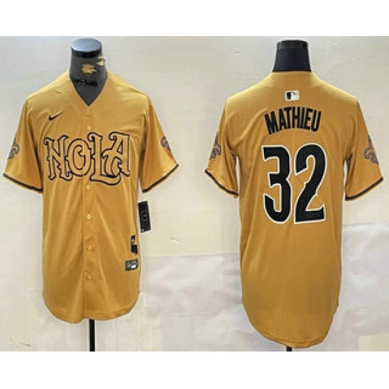 Men's New Orleans Saints #32 Tyrann Mathieu Yellow Nola Baseball Jersey - Ujersey
