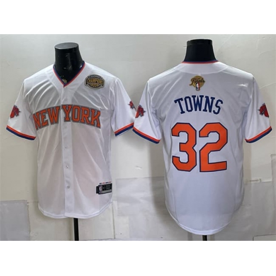 Men's New York Knicks #32 Karl-Anthony Towns White 2026 Finals & Eastern Conference Champions Stitched Baseball Jersey - Ujersey