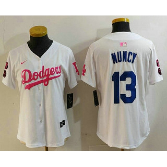 Women's Los Angeles Dodgers #13 Max Muncy White Pink With Limited Stitched Jersey - Ujersey