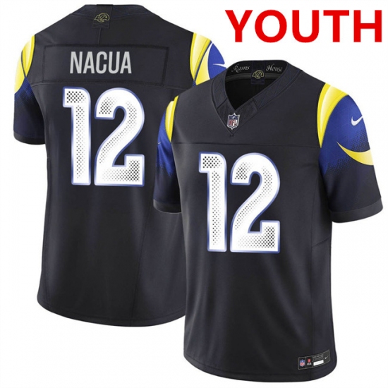 Youth los angeles rams #12 puka nacua midnight blue 2025 f.u.s.e. “rivalries” vapor limited football stitched jersey