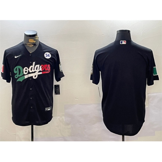Men's Los Angeles Dodgers Blank Black Mexico 2024 World Series With No. 34 Cool Base Stitched Baseball Jersey - Ujersey