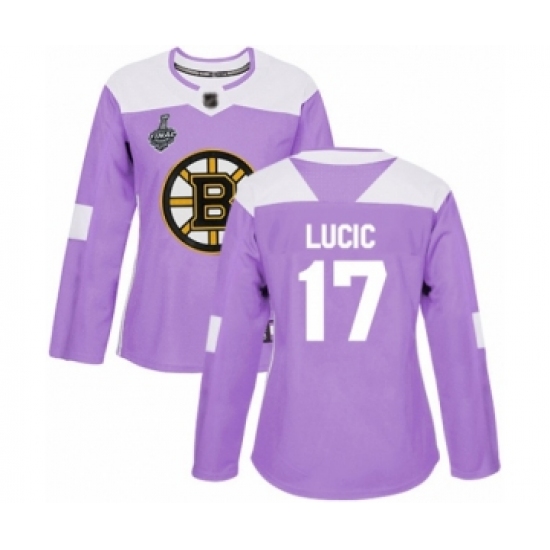 Women's Boston Bruins #17 Milan Lucic Authentic Purple Fights Cancer Practice 2019 Stanley Cup Final Bound Hockey Jersey - Ujersey