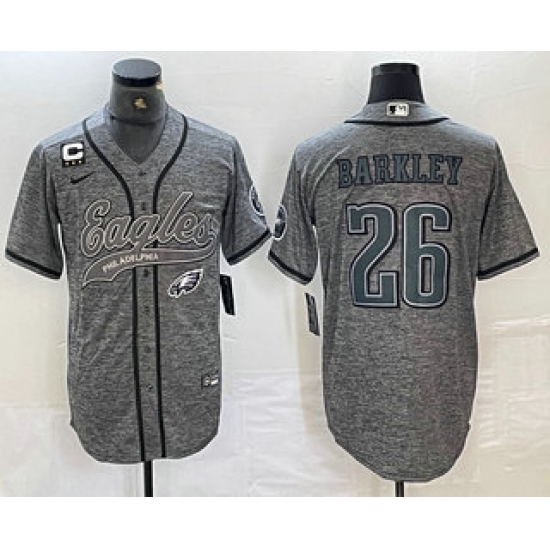 Men's Philadelphia Eagles #26 Saquon Barkley Grey Gridiron With C Cool Base Stitched Baseball Jersey - Ujersey