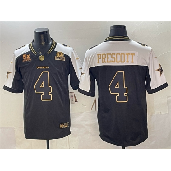 Men's Dallas Cowboys #4 Dak Prescott Black Gold 2025 F.U.S.E. With 5x Super Bowl Champions & Established In 1960 Vapor Limited Stitched Football Jersey - Ujersey