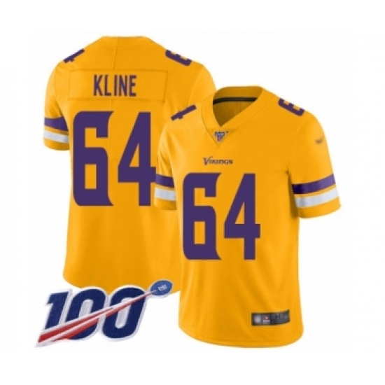 Men's Minnesota Vikings #64 Josh Kline Limited Gold Inverted Legend 100th Season Football Jersey - Ujersey