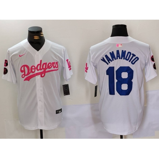 Men's Los Angeles Dodgers #18 Yoshinobu Yamamoto White Pink Vin & Kobe Stitched Baseball Jersey1 - ujerseystore