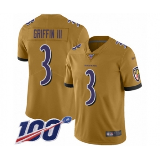 Men's Baltimore Ravens #3 Robert Griffin III Limited Gold Inverted Legend 100th Season Football Jersey - Ujersey