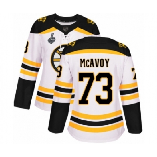 Women's Boston Bruins #73 Charlie McAvoy Authentic White Away 2019 Stanley Cup Final Bound Hockey Jersey