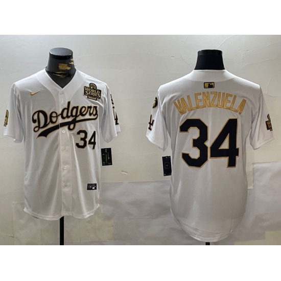 Men's Los Angeles Dodgers #34 Toro Valenzuela White Gold 2024 World Series With Fernando Memorial Limited Stitched Baseball Jersey - Ujersey