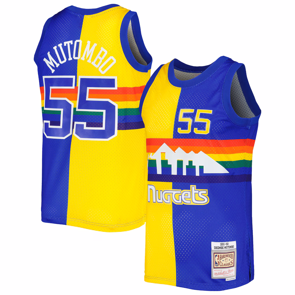 Men's Denver Nuggets Dikembe Mutombo Mitchell & Ness Royal/Gold Hardwood Classics 1991/92 Split Swingman Jersey - ujerseystore