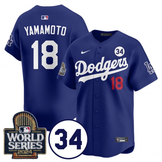 Men's Los Angeles Dodgers #18 Yoshinobu Yamamoto Royal 2024 World Series With No. 34 Cool Base Stitched Baseball Jersey