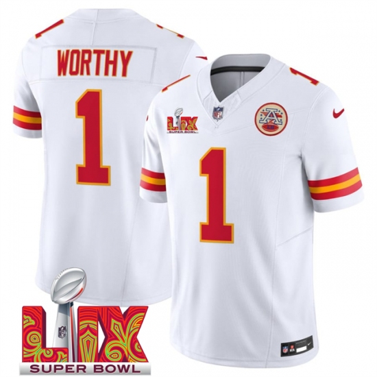 Men's Kansas City Chiefs #1 Xavier Worthy White 2025 Super Bowl LIX F.U.S.E. Vapor Limited Stitched Football Jersey - Ujersey