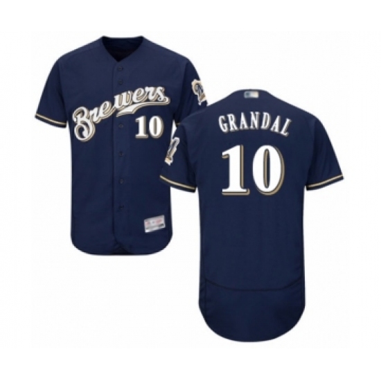 Men's Milwaukee Brewers #10 Yasmani Grandal Navy Blue Alternate Flex Base Authentic Collection Baseball Jersey - Ujersey