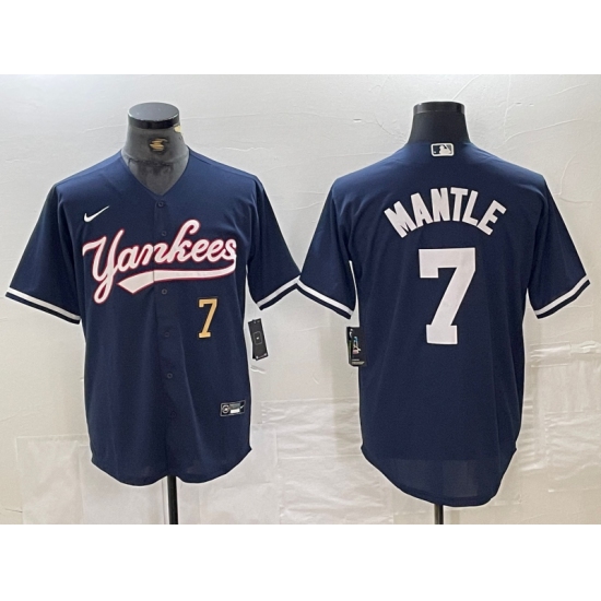 Men's New York Yankees #7 Mickey Mantle Number Navy With Cool Base Stitched Baseball Jersey - Ujersey