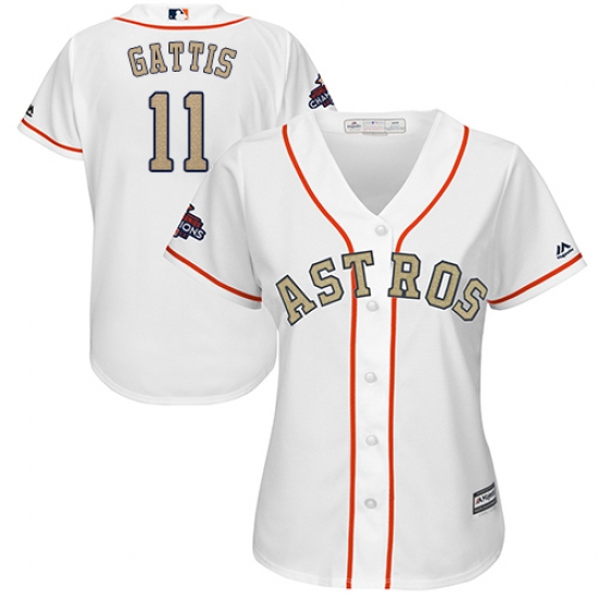 Women's Majestic Houston Astros #11 Evan Gattis Authentic White 2018 Gold Program Cool Base MLB Jersey - Ujersey