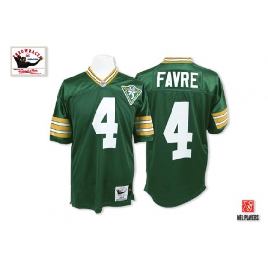 Mitchell and Ness Green Bay Packers #4 Brett Favre Authentic Green With 75th Patch Throwback NFL Jersey - Ujersey