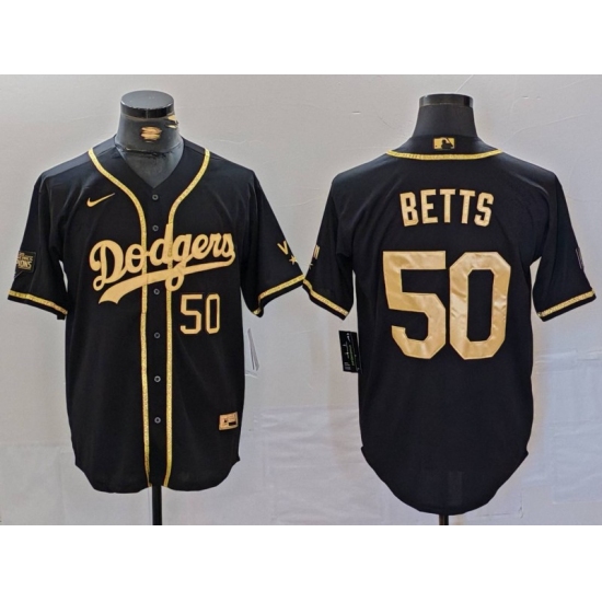 Men's Los Angeles Dodgers #50 Mookie Betts Number Black Gold World Series Champions Cool Base Stitched Jersey - Ujersey