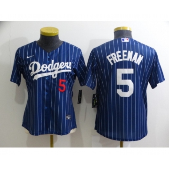 Women's Los Angeles Dodgers #5 Freddie Freeman Navy Blue Pinstripe Stitched MLB Cool Base Nike Jersey - Ujersey