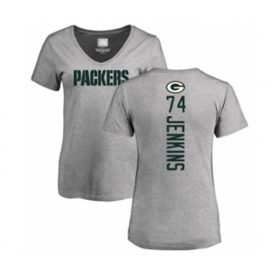 Football Women's Green Bay Packers #74 Elgton Jenkins Ash Backer V-Neck T-Shirt - Ujersey