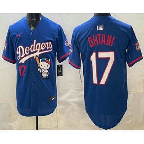 Men's Los Angeles Dodgers #17 Shohei Ohtani Blue Hello Kitty 2025 World Series Champions Limited Jersey - Ujersey