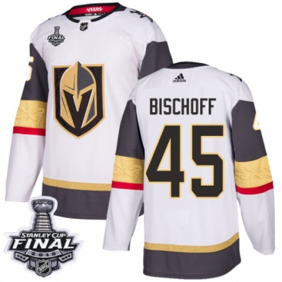 Men's Adidas Vegas Golden Knights #45 Jake Bischoff Authentic White Away 2018 Stanley Cup Final NHL Jersey - Ujersey