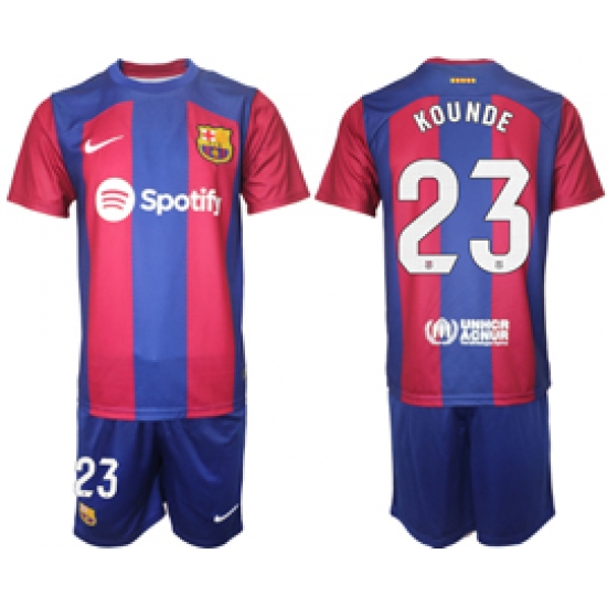 Men's Barcelona #23 Kounde Blue Red 2023-24 Home Soccer Jersey
