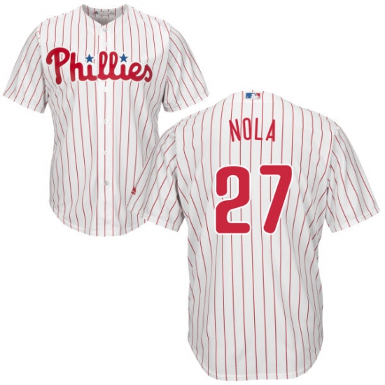 Men's Majestic Philadelphia Phillies #27 Aaron Nola Replica White/Red Strip Home Cool Base MLB Jersey - Ujersey