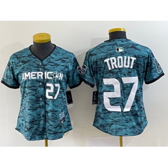 Women's Nike Los Angeles Angels #27 Mike Trout Number Teal 2023 All Star Cool Base Stitched Jersey