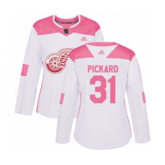Women's Detroit Red Wings #31 Calvin Pickard Authentic White Pink Fashion Hockey Jersey - Ujersey