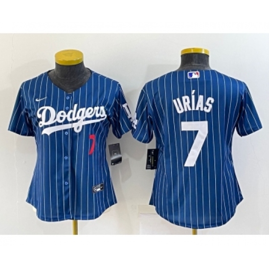 Women's Los Angeles Dodgers #7 Julio Urias Number Navy Blue Pinstripe Stitched MLB Cool Base Nike Jersey - Ujersey