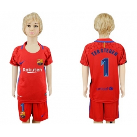 Barcelona #1 Ter Stegen Red Goalkeeper Kid Soccer Club Jersey