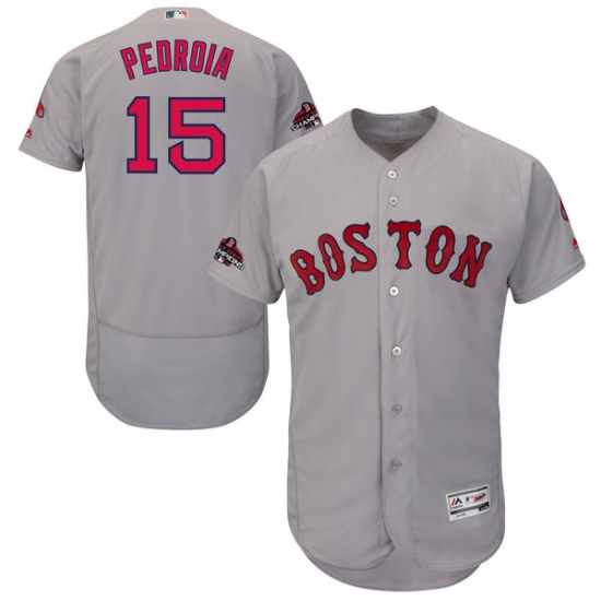 Men's Majestic Boston Red Sox #15 Dustin Pedroia Grey Road Flex Base Authentic Collection 2018 World Series Champions MLB Jersey - Ujersey
