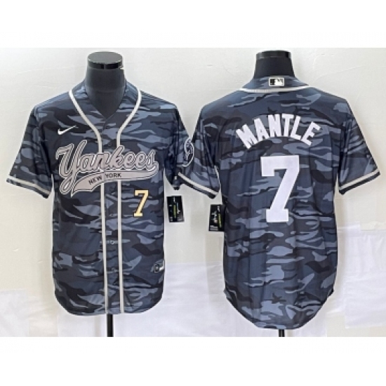 Men's New York Yankees #7 Mickey Mantle Number Grey Camo Cool Base Stitched Baseball Jersey - Ujersey