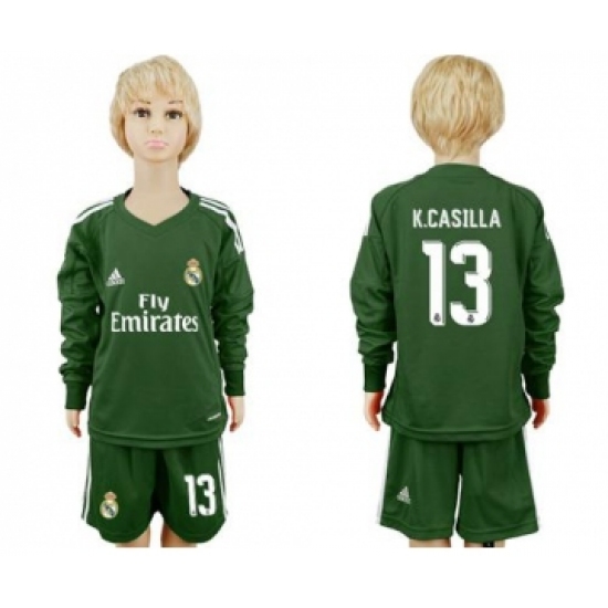 Real Madrid #13 K.Casilla Green Goalkeeper Long Sleeves Kid Soccer Club Jersey