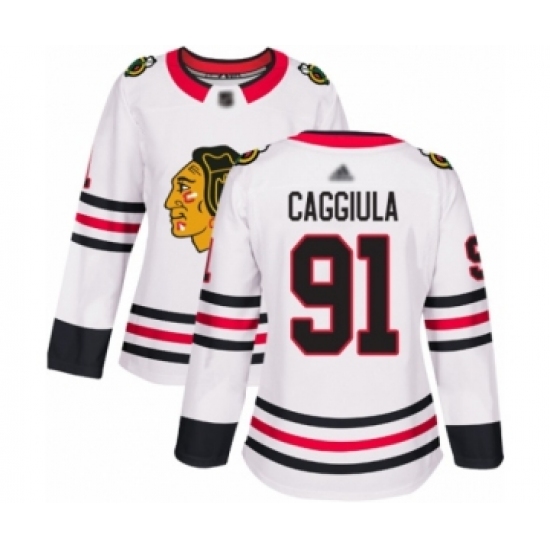 Women's Chicago Blackhawks #91 Drake Caggiula Authentic White Away Hockey Jersey - Ujersey