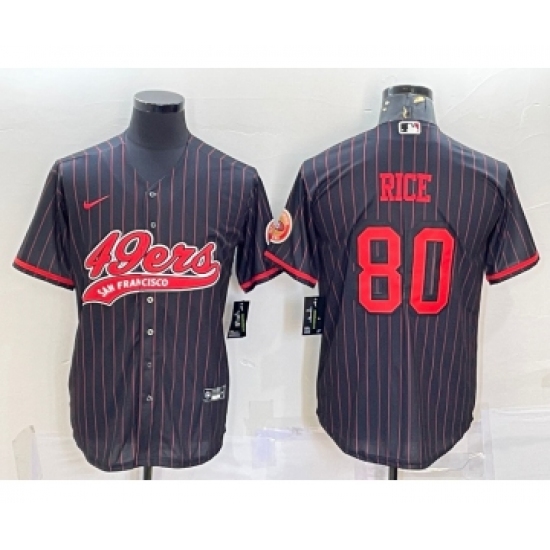 Men's San Francisco 49ers #80 Jerry Rice Black Pinstripe With Patch Cool Base Stitched Baseball Jersey - Ujersey