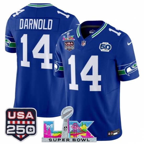 Men's Seattle Seahawks #14 Sam Darnold Royal 2025 F.U.S.E. Super Bowl LX And 50th Season & USA 250 Vapor Throwback Limited Football Stitched Jersey - Ujersey