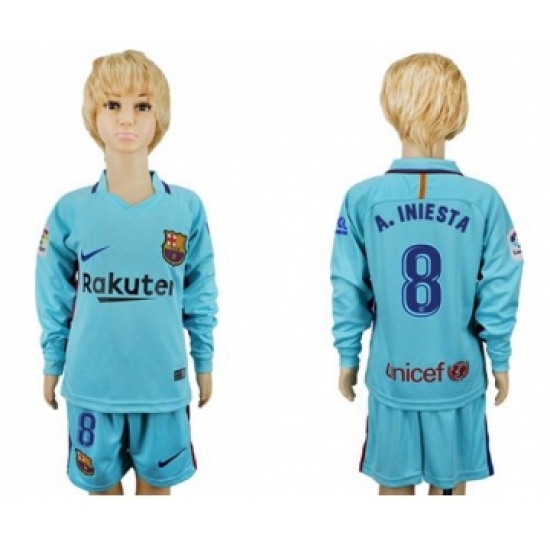 Barcelona #8 A.Iniesta Away Long Sleeves Kid Soccer Club Jersey