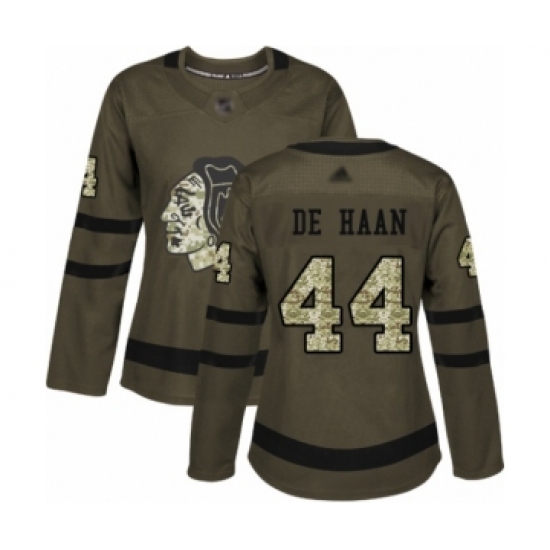 Women's Chicago Blackhawks #44 Calvin De Haan Authentic Green Salute to Service Hockey Jersey - Ujersey
