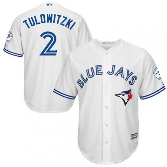 Men's Majestic Toronto Blue Jays #2 Troy Tulowitzki Replica White Home 40th Anniversary Patch MLB Jersey - Ujersey