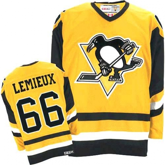 Men's CCM Pittsburgh Penguins #66 Mario Lemieux Authentic Yellow Throwback NHL Jersey - Ujersey