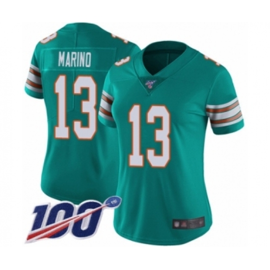 Women's Nike Miami Dolphins #13 Dan Marino Aqua Green Alternate Vapor Untouchable Limited Player 100th Season NFL Jersey
