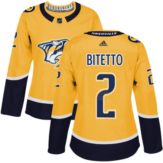 Women's Adidas Nashville Predators #2 Anthony Bitetto Authentic Gold Home NHL Jersey - Ujersey