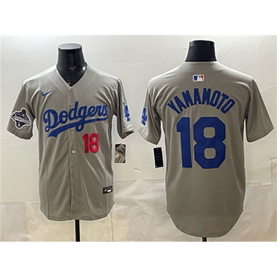 Men's Los Angeles Dodgers #18 Yoshinobu Yamamoto Gray 2025 World Series Champions Stitched Baseball Jersey - Ujersey
