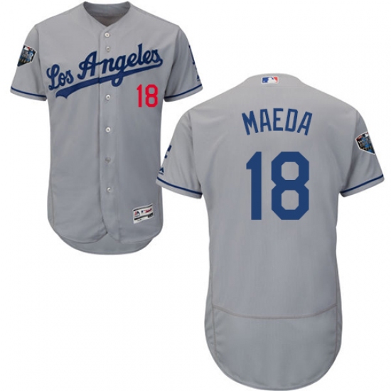 Men's Majestic Los Angeles Dodgers #18 Kenta Maeda Grey Road Flex Base Authentic Collection 2018 World Series MLB Jersey - Ujersey
