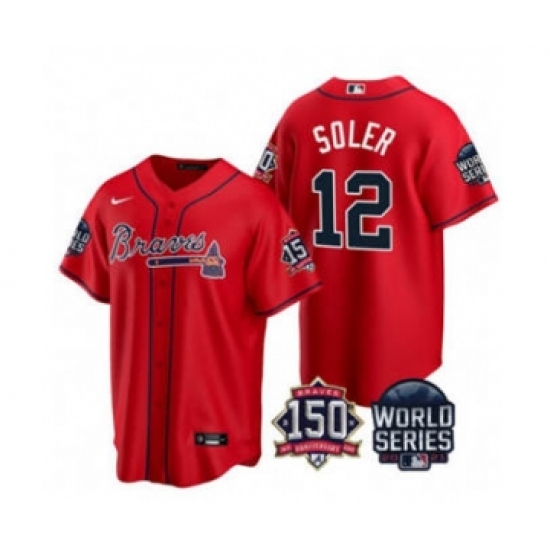 Men's Atlanta Braves #12 Jorge Soler 2021 White World Series With 150th Anniversary Patch Cool Base Stitched Jersey - Ujersey