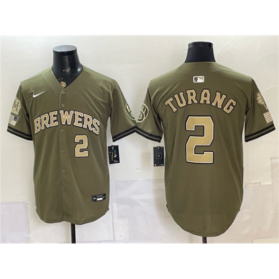 Men's Milwaukee Brewers #2 Brice Turang Olive 2026 Armed Forces Day Stitched Baseball Jersey - Ujersey