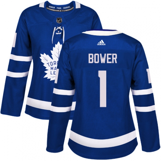 Women's Adidas Toronto Maple Leafs #1 Johnny Bower Authentic Royal Blue Home NHL Jersey - Ujersey
