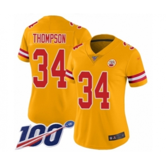 Women's Kansas City Chiefs #34 Darwin Thompson Limited Gold Inverted Legend 100th Season Football Jersey - Ujersey